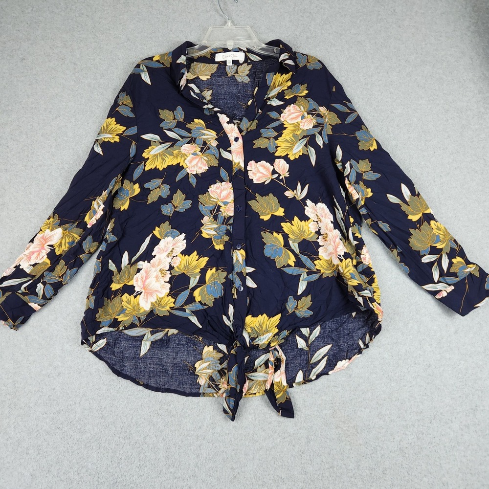 Eden & Olivia Shirt Top Womens 1X Navy Blue Floral Rayon Knot Hem Button Front‎